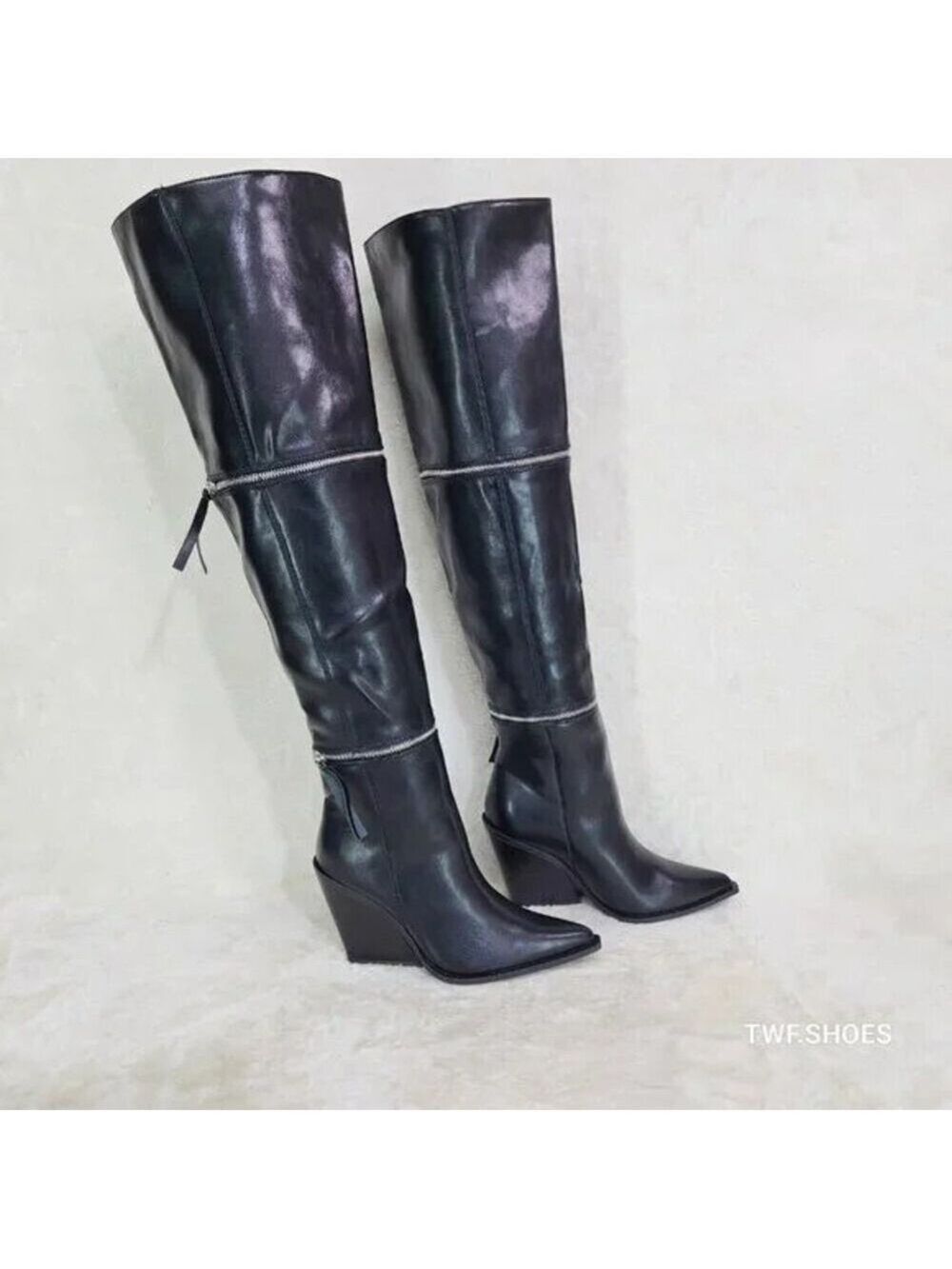 NIB Alexa Western Wedge All in One Zipper Shaft Ankle Knee & Thigh Boots Black - Picture 13 of 15